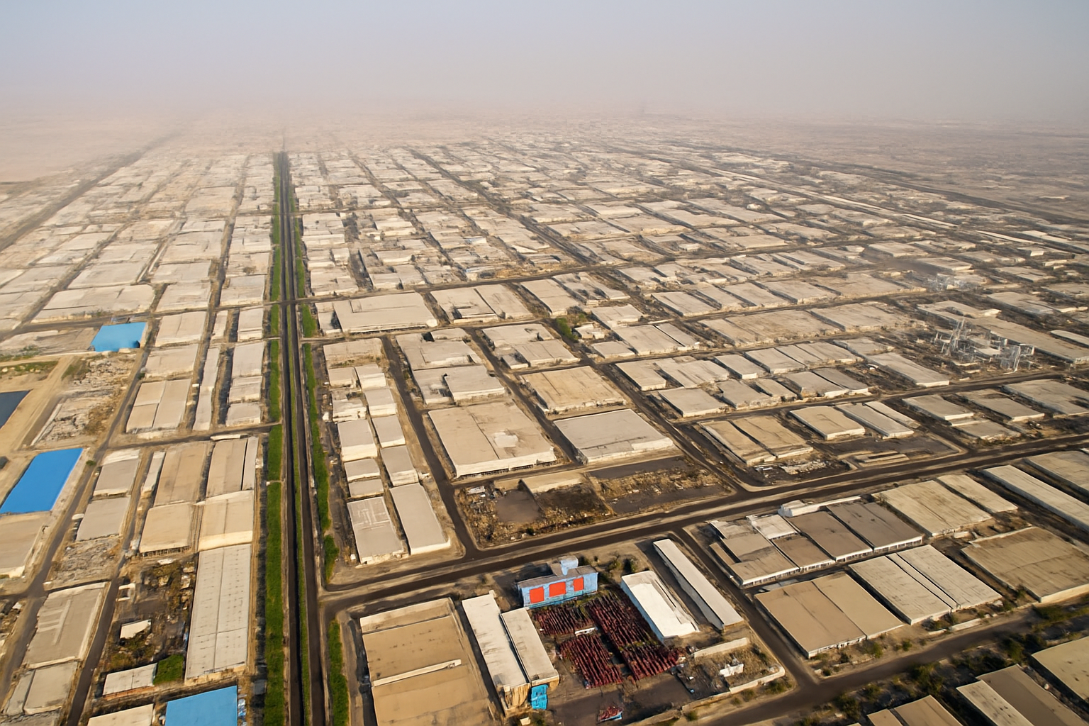 Aerial daytime view of Dammam industrial area with organized warehouses and facilities