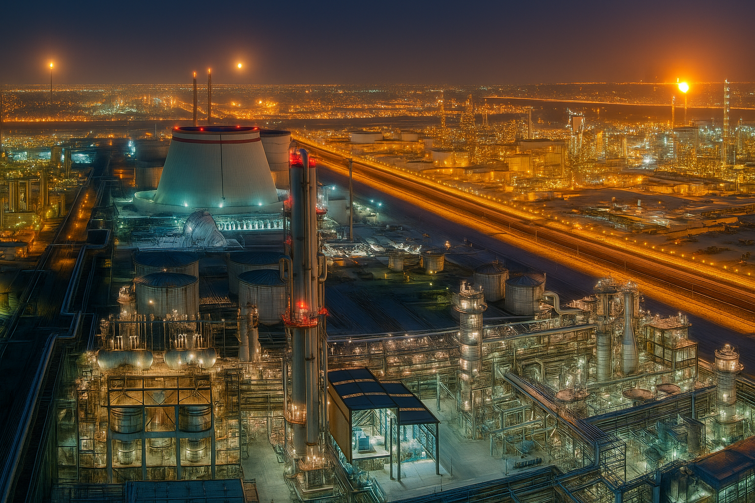 Aerial nighttime view of Jubail Industrial City with illuminated facilities and infrastructure