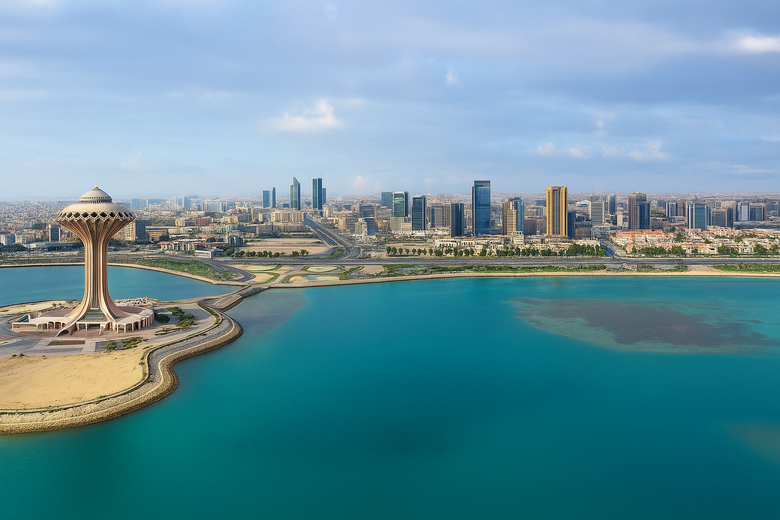 Aerial view of modern Saudi Arabian city with turquoise waters and golden tower