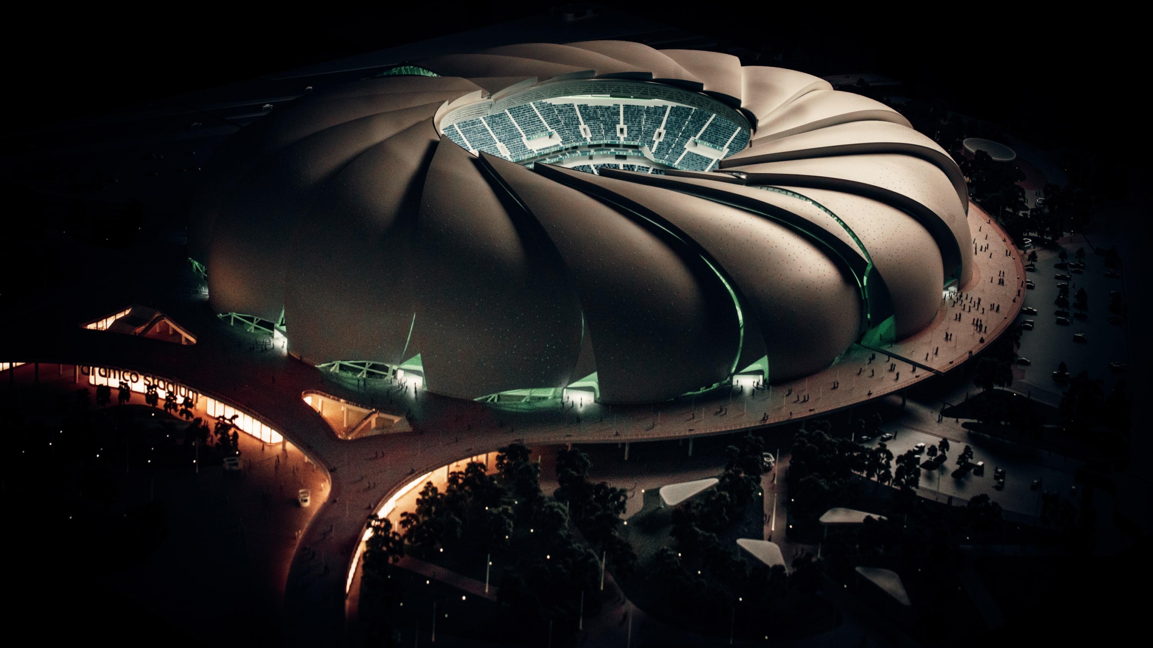 Architectural model of Aramco Stadium at night